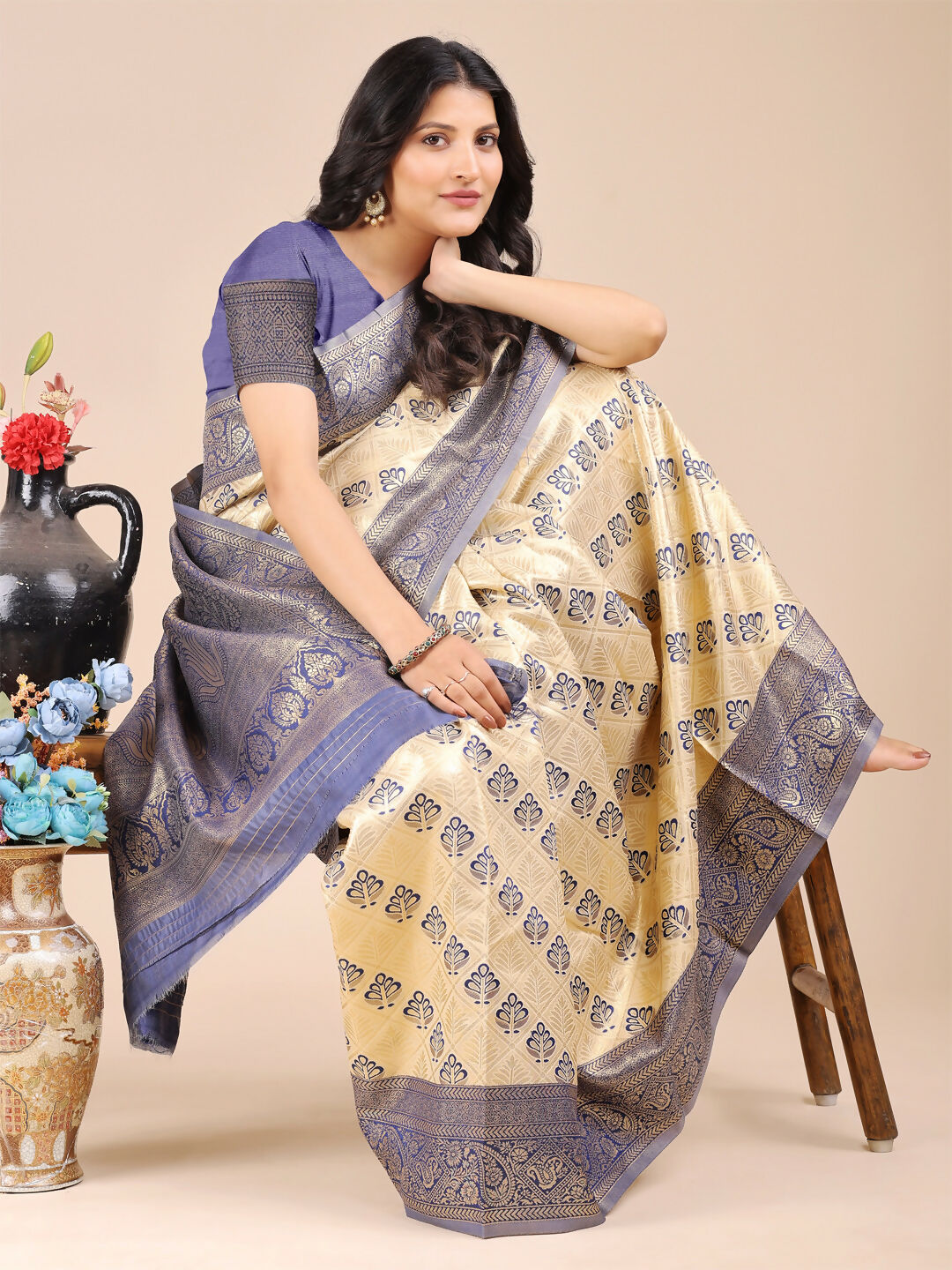 Astita Aura Silk Cream Navy Blue Banarasi Silk Saree | Swadesiicart
