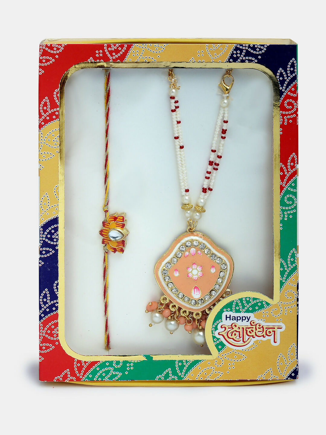 NVR Women & Men Set of 2 Peach Lotus Shape Kundan Stone-Studded & Beaded Bhaiya Bhabhi Rakhi With Roli Chawal & Chocolate | Swadesiicart