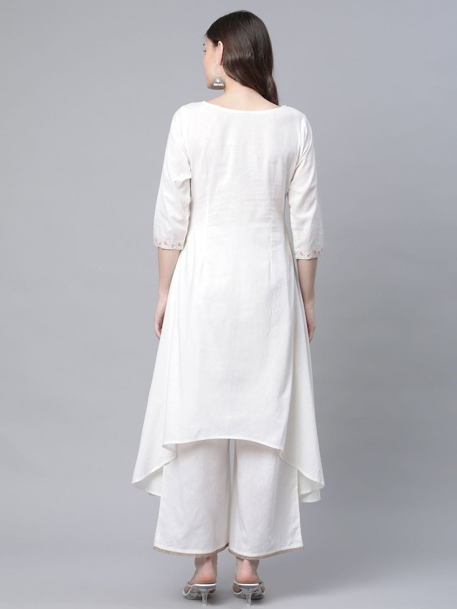 Ahalyaa Women's Off white Pure Cotton Printed Asymmetric Kurta Palazzo Set | Swadesiicart