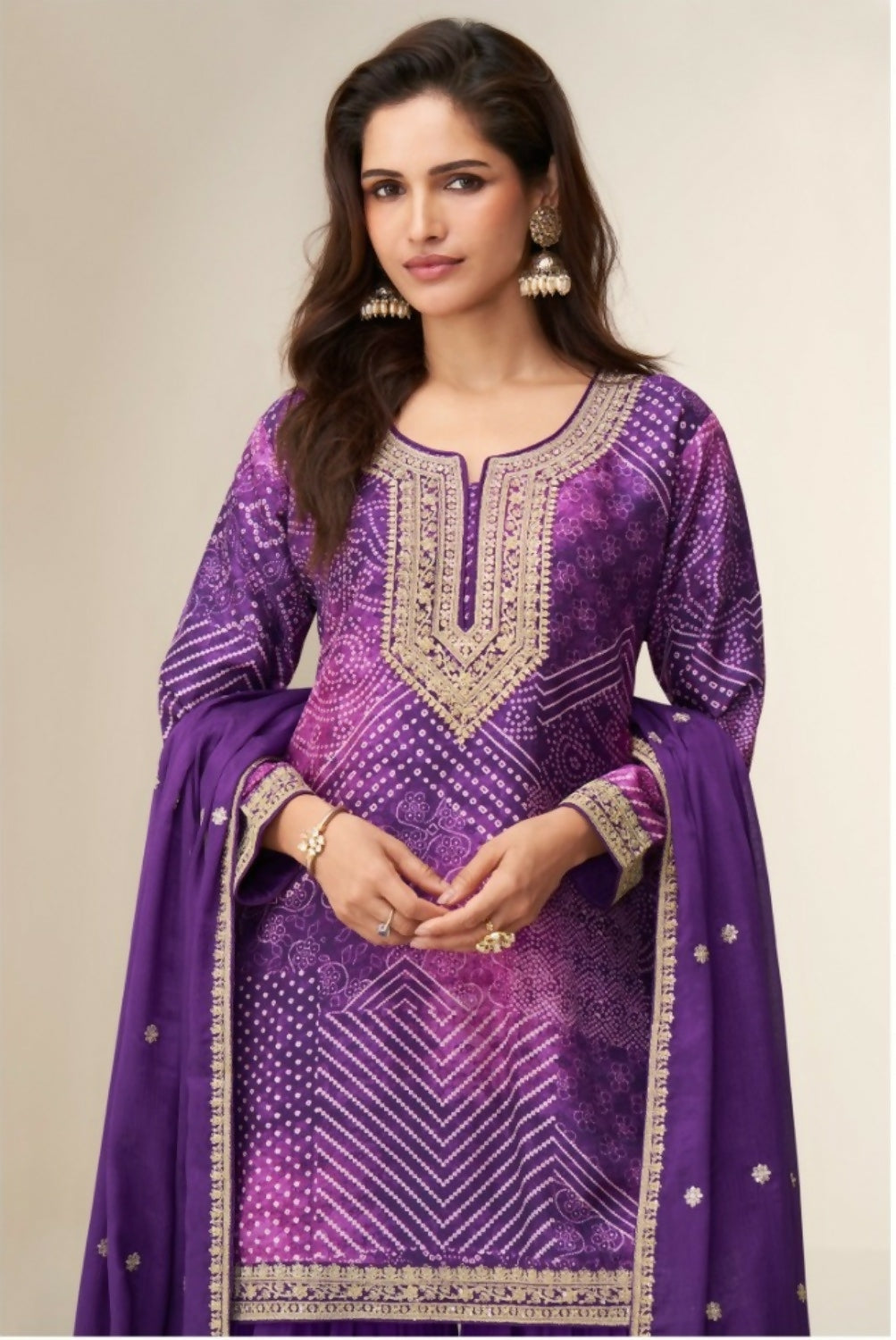 Anaita Purple Chinon Stitched Suit with Digital Print & Embroidery Coding Sequence Work