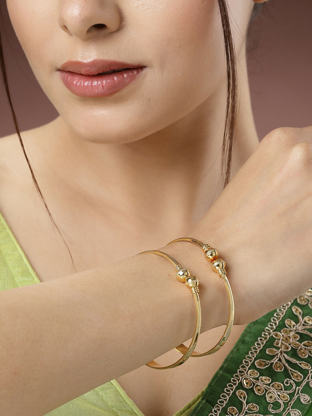 NVR Women's Set of 2 Gold-Polished Handcrafted Adjustable Bangles - Swadesiicart