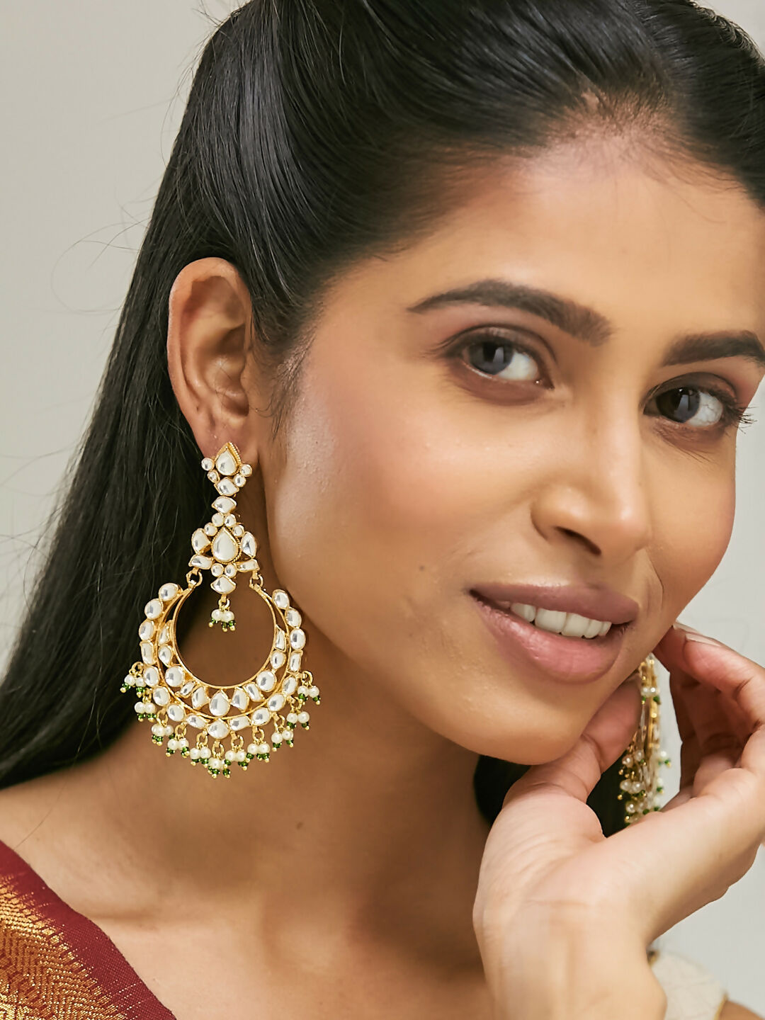 Nuyug 22K Gold-Plated Elegant Kundan Studded & Beaded Floral Chandbali Earrings | Swadesiicart