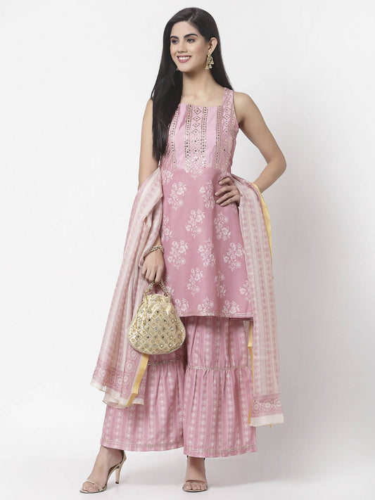 Myshka Women Peach Cotton Blend Printed Sleeveless Shoulder Straps Kurta With Sharara & Dupatta Set | Swadesiicart