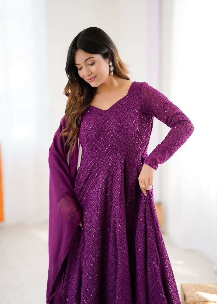 Joban Fashion Wine Kurta Set Georgette Sequence Embroidery Work - Swadesiicart