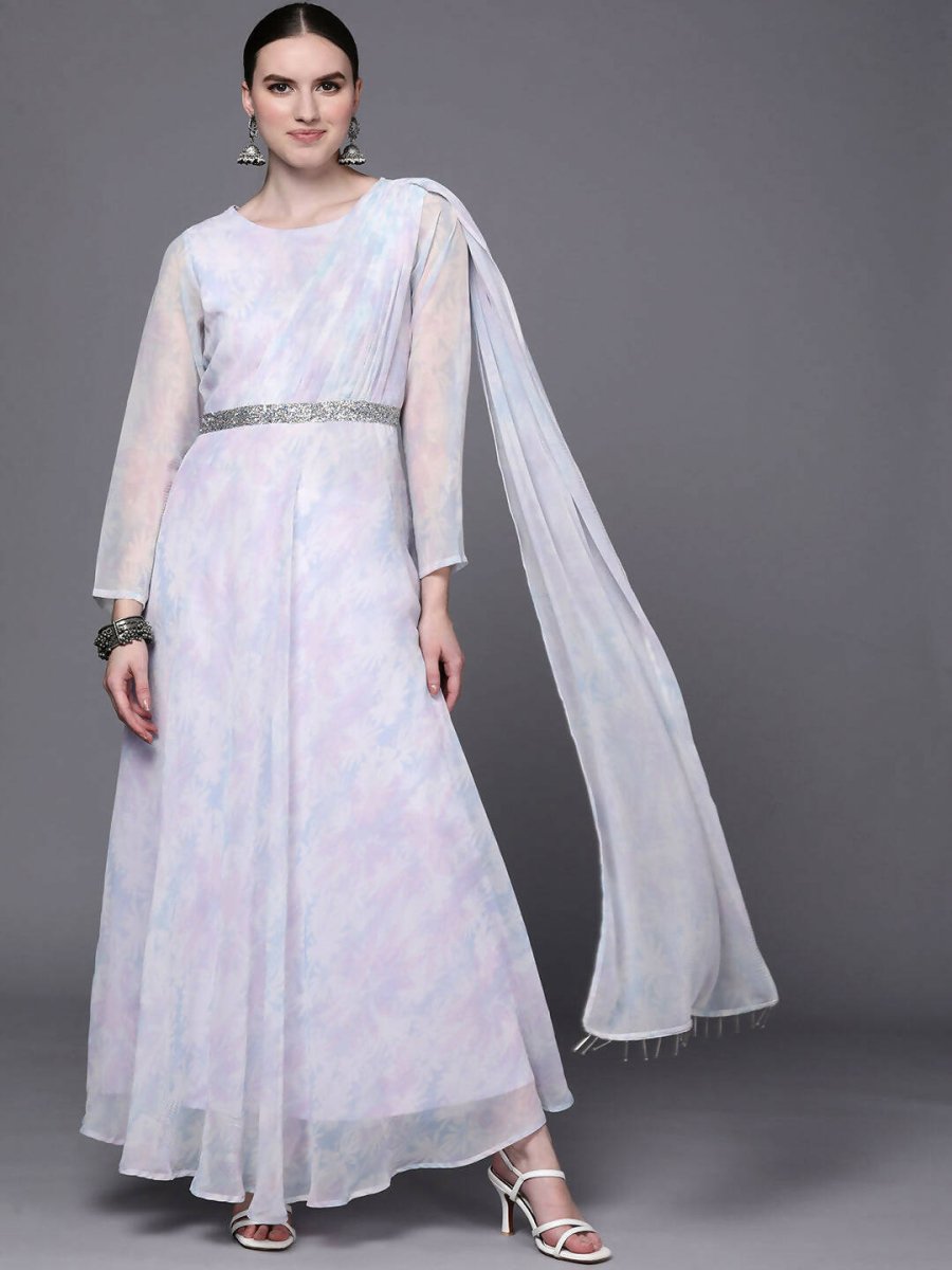 Ahalyaa Women Blue & White Floral Fit & Flare Maxi Ethnic Dress | Swadesiicart