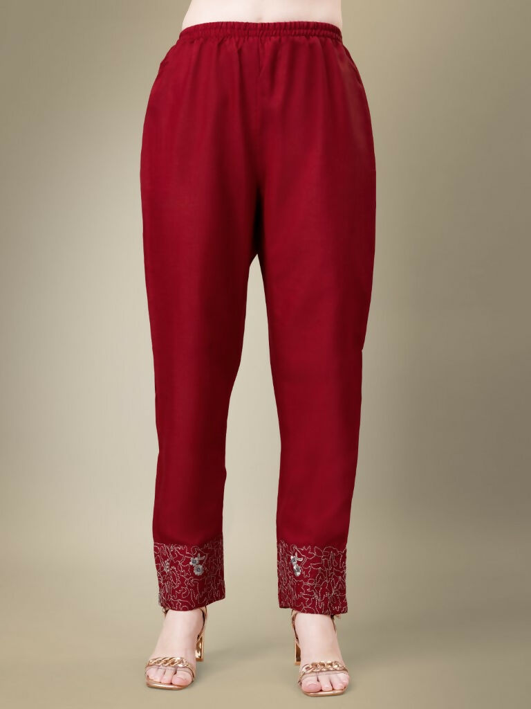 Jyoti Fashion Women's Maroon Cotton Blend Embroidery & Fancy Lace work Kurta with Trouser & Dupatta | Swadesiicart