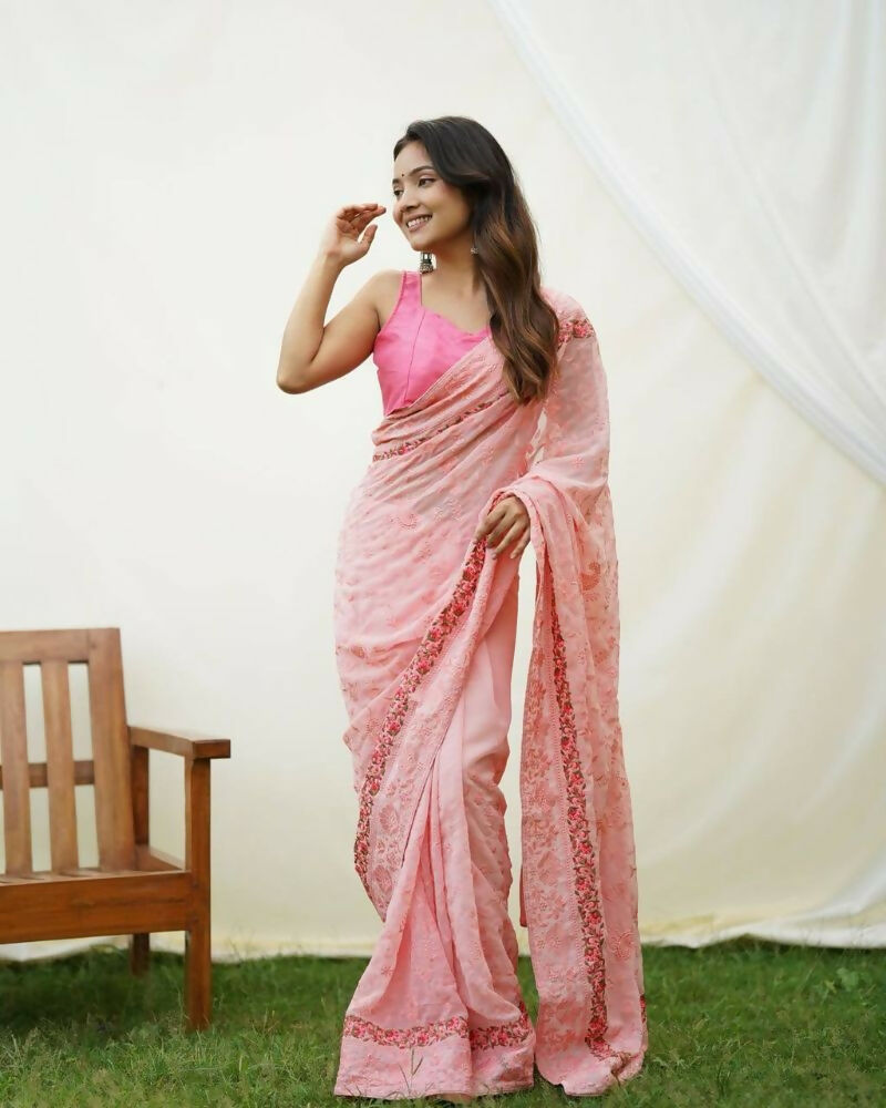 Vamsee Jasmin Peach Uae Georgette Saree - Swadesiicart