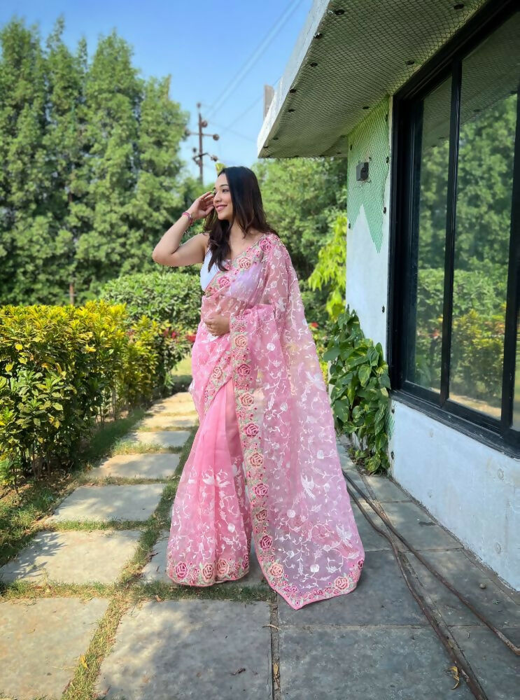 Vamsee Zoya Baby Pink Organza Silk Saree - Swadesiicart