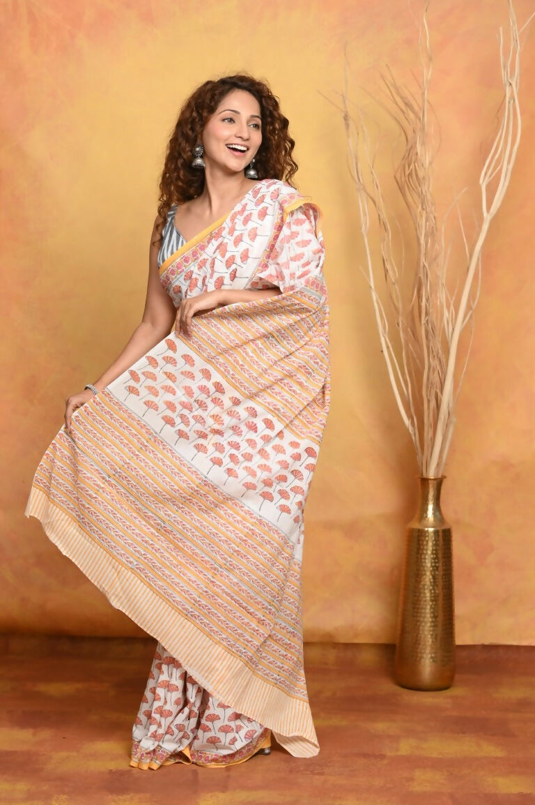 Very Much Indian Handblock Printed Cotton Saree With Natural Dyes - White Peach | Swadesiicart
