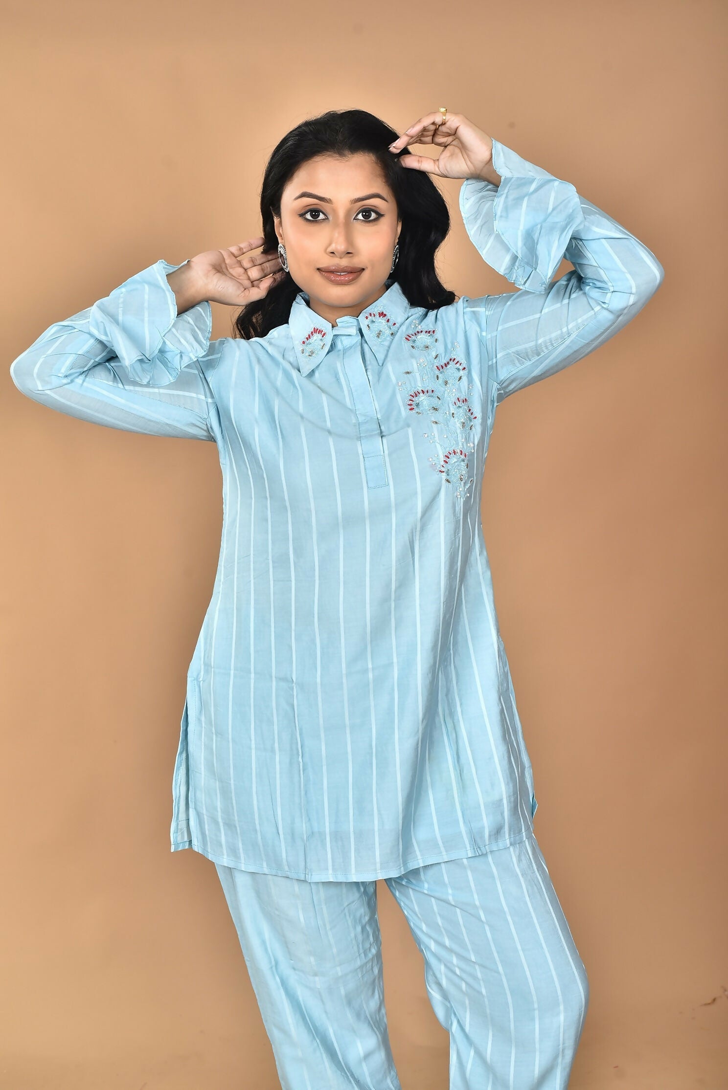 Morchari Women And Hand Embroidery Co-Ords-Sky Blue - Swadesiicart