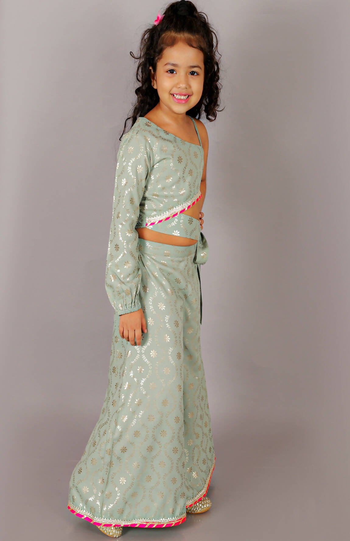 Lil Drama Fusion Fair Girls Green Crop Top With Palazzo Co-Ordinate Set - Swadesiicart