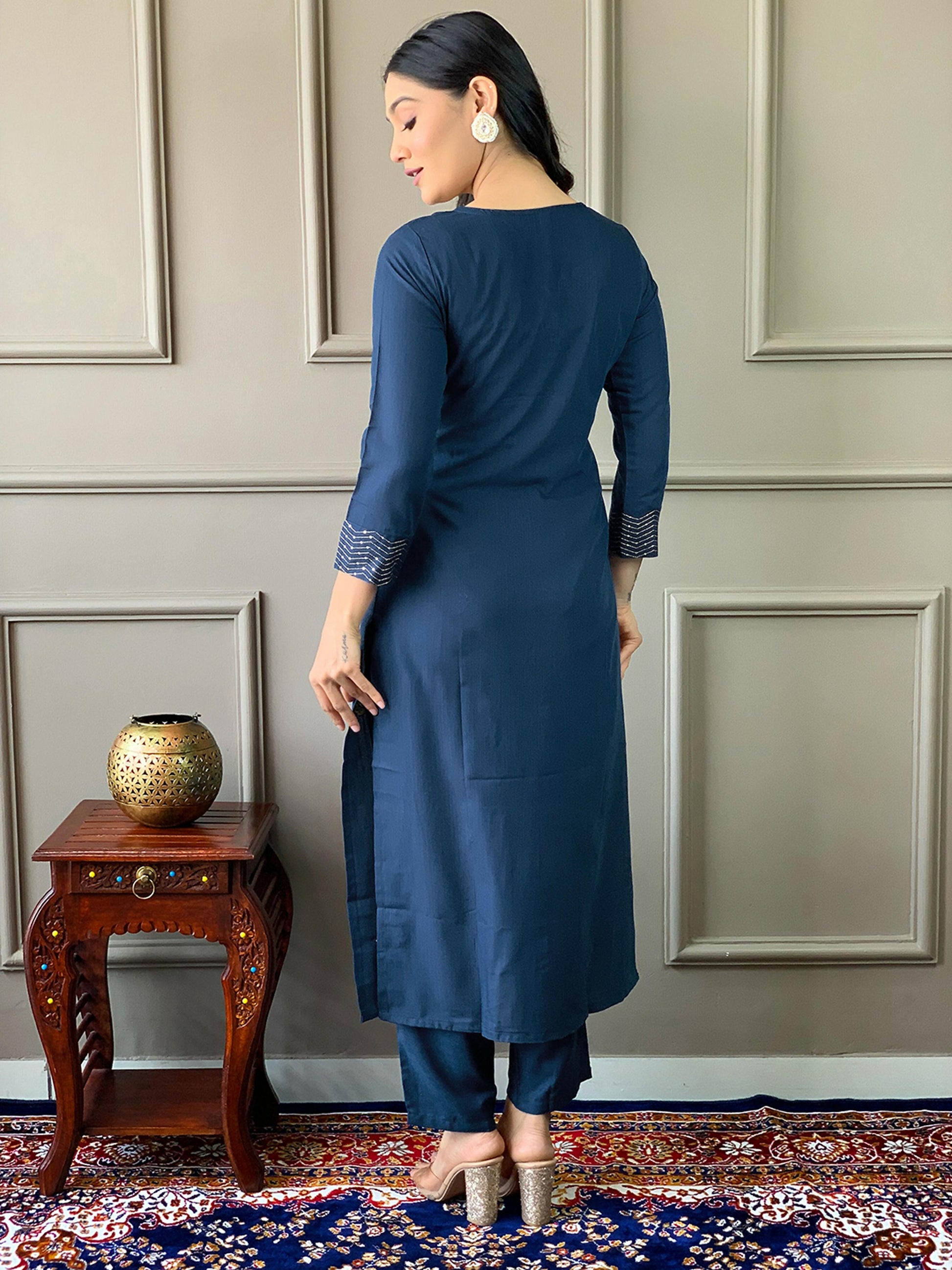 Partywear Designer Rayon Slub Blue Stitched Suit With Dupatta - Tanisha | Swadesiicart
