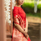 Vishnu Weaves Women's Red Banarasi Silk Floral Zari Woven Saree with Unstitched Blouse - Swadesiicart
