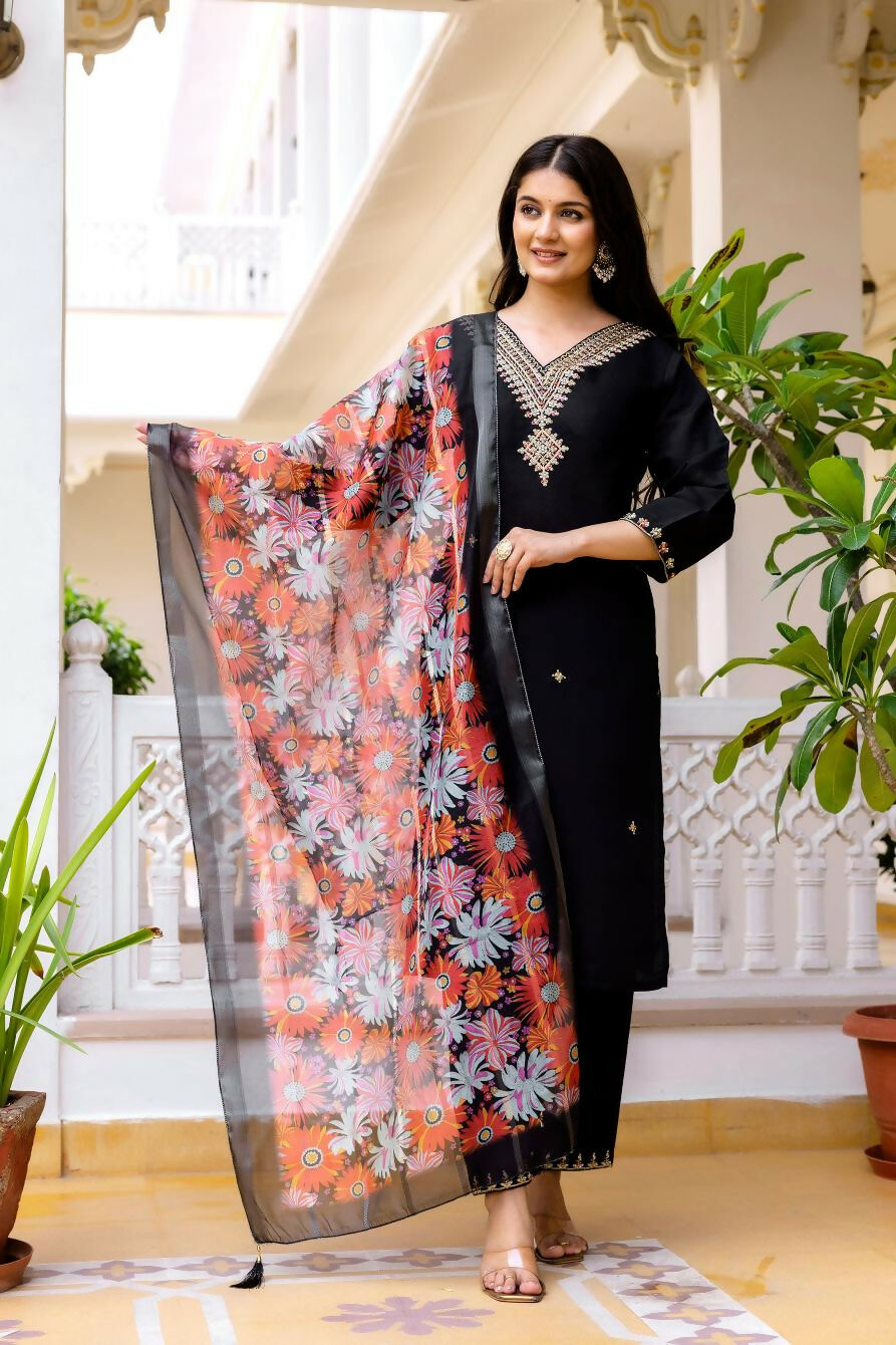The52 Black Women's Beautiful Viscose Chanderi Fabric Embroidered Work Straight Kurta Pant and Dupatta Set - Swadesiicart