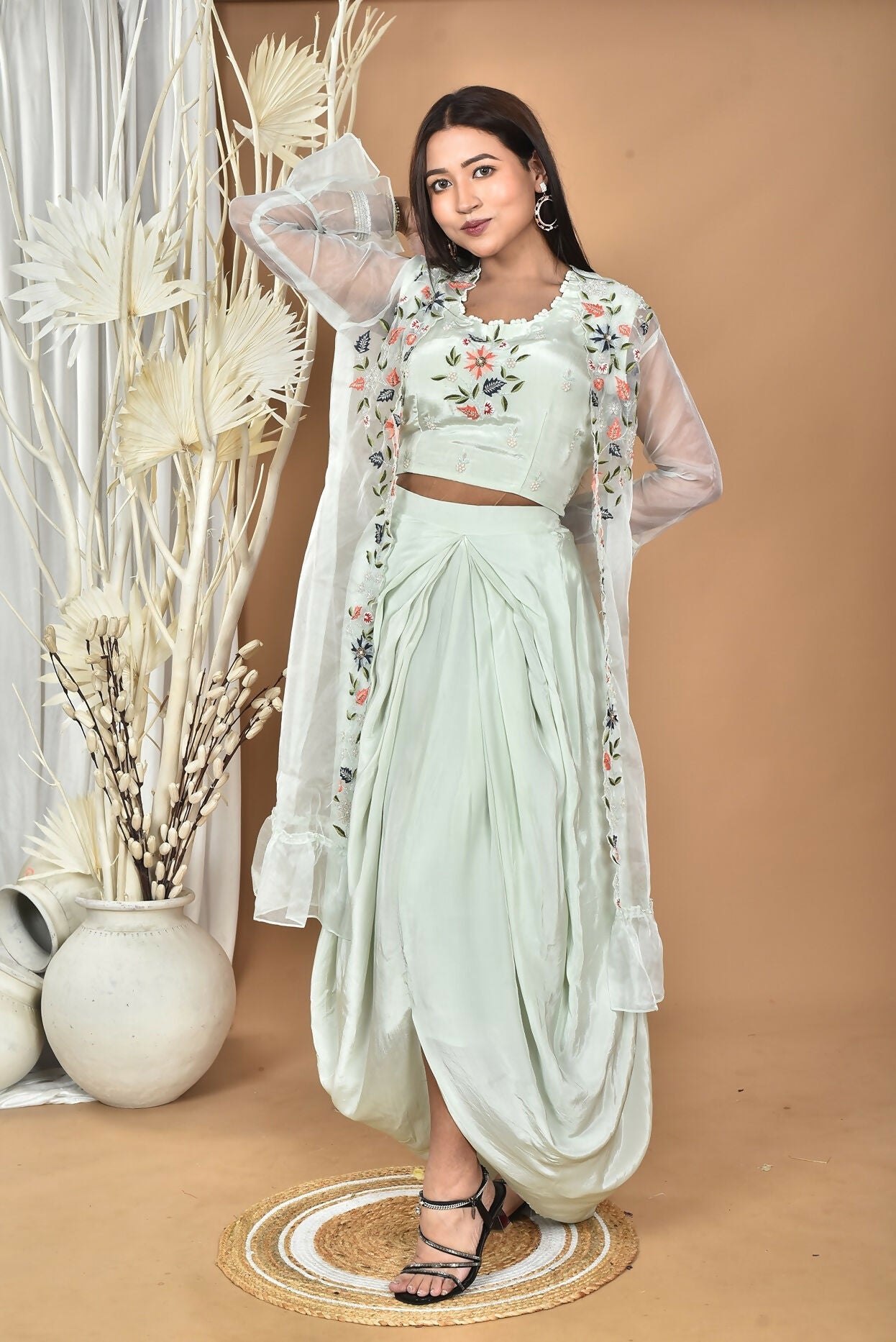 Morchari Women Hand Embroidery Crop Top-Sea Green - Swadesiicart