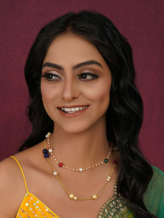 Layered Pearl and Gold Neckpiece with Multi Stones (Multi Color) - Ruby Raang | Swadesiicart