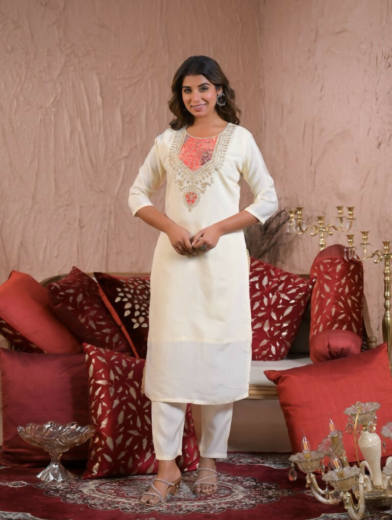 Ethnic Festive Wear Chanderi Silk Cream Stitched Suit With Dupatta - Tanisha | Swadesiicart