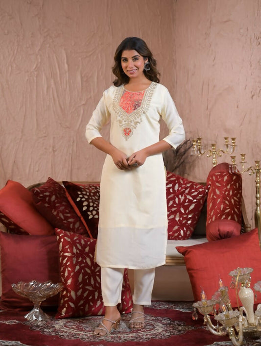 Ethnic Festive Wear Chanderi Silk Cream Stitched Suit With Dupatta - Tanisha | Swadesiicart
