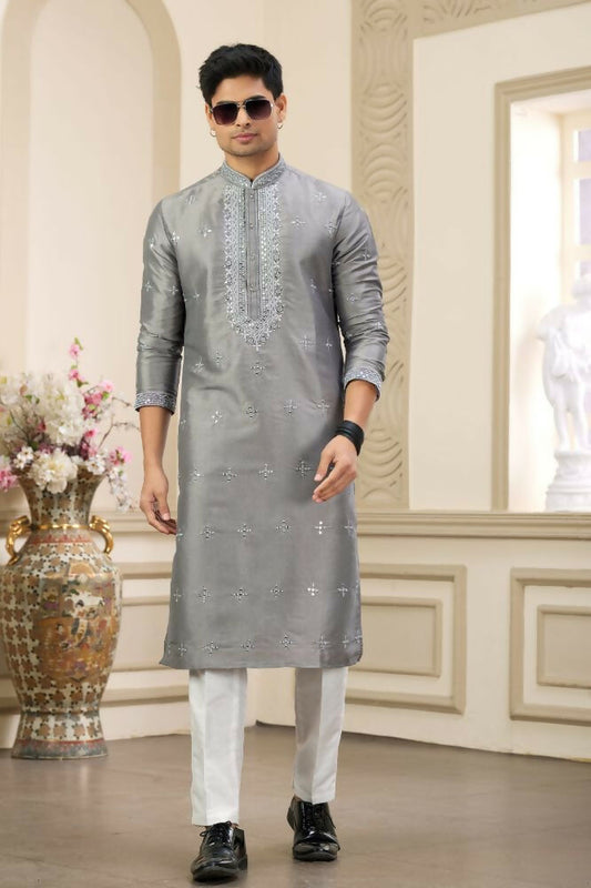 Raivat Ethnic Banarasi Art Silk Thread and Mirror Work Kurta Pajama In Grey Colour | Swadesiicart