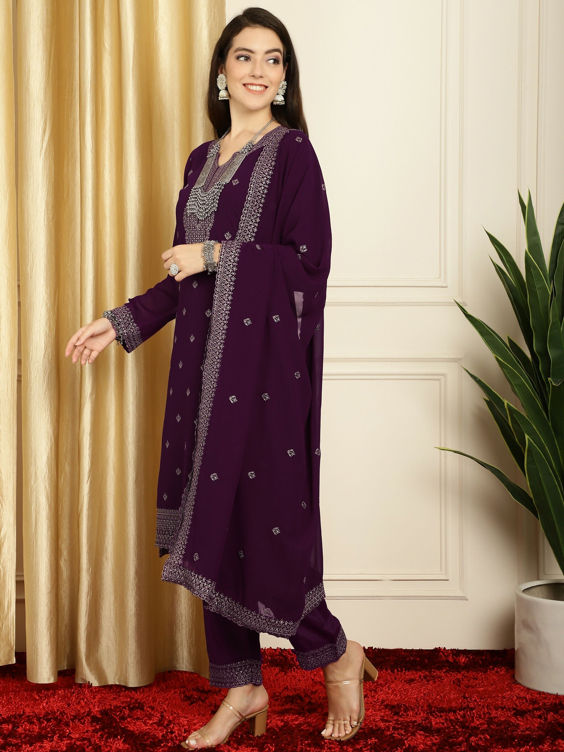 Jyoti Fashion Women's Burgundy Georgette Resham Thread & Sequin Kurta with Trouser & Dupatta | Swadesiicart