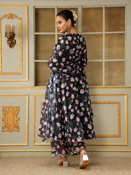 Pomcha Jaipur Black Saadgi Pink Lotus Anarkali Set | Swadesiicart