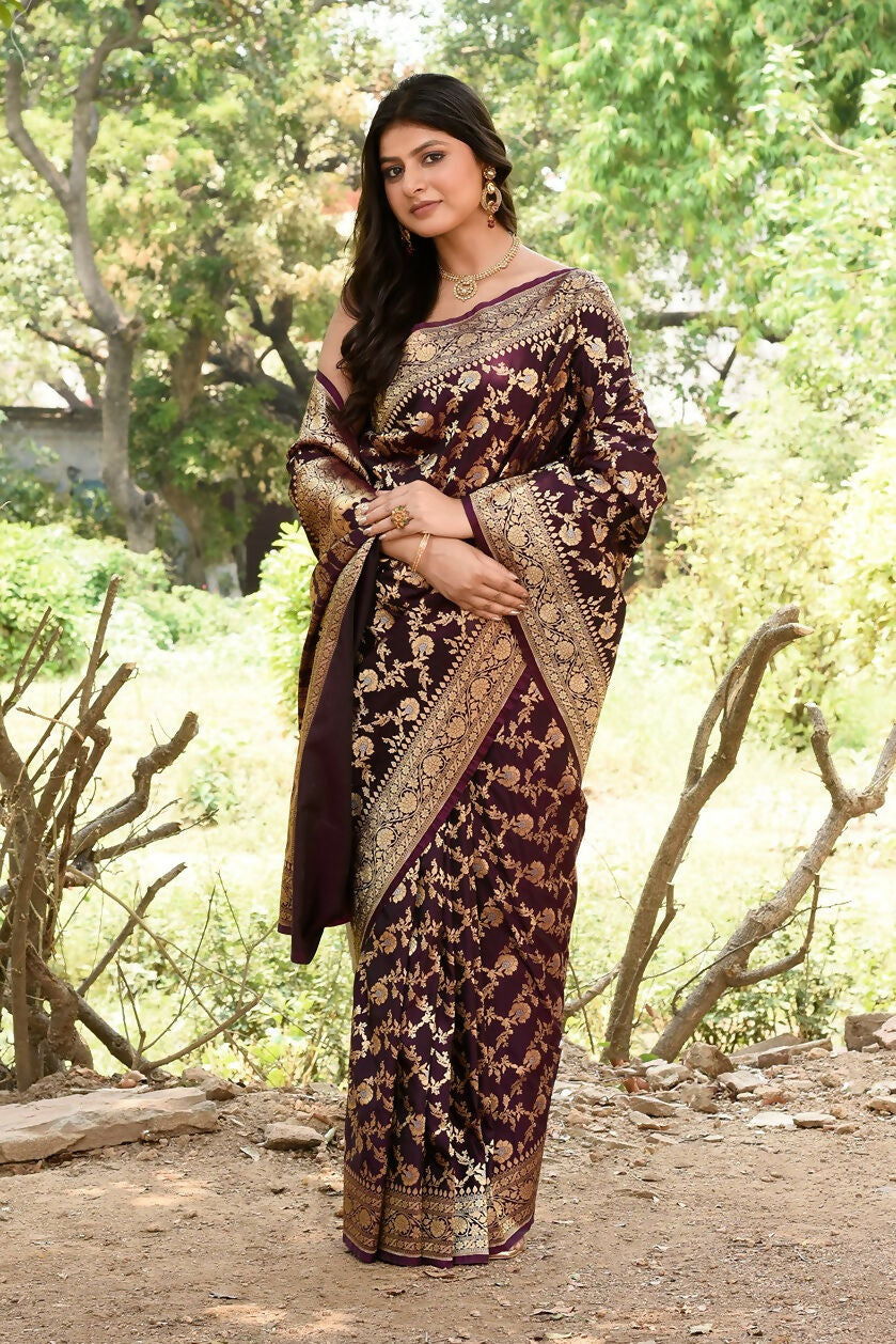 Joban Fashion Plum Purple Banarasi Soft Pure Handloom Banarasi Silk Saree | Swadesiicart