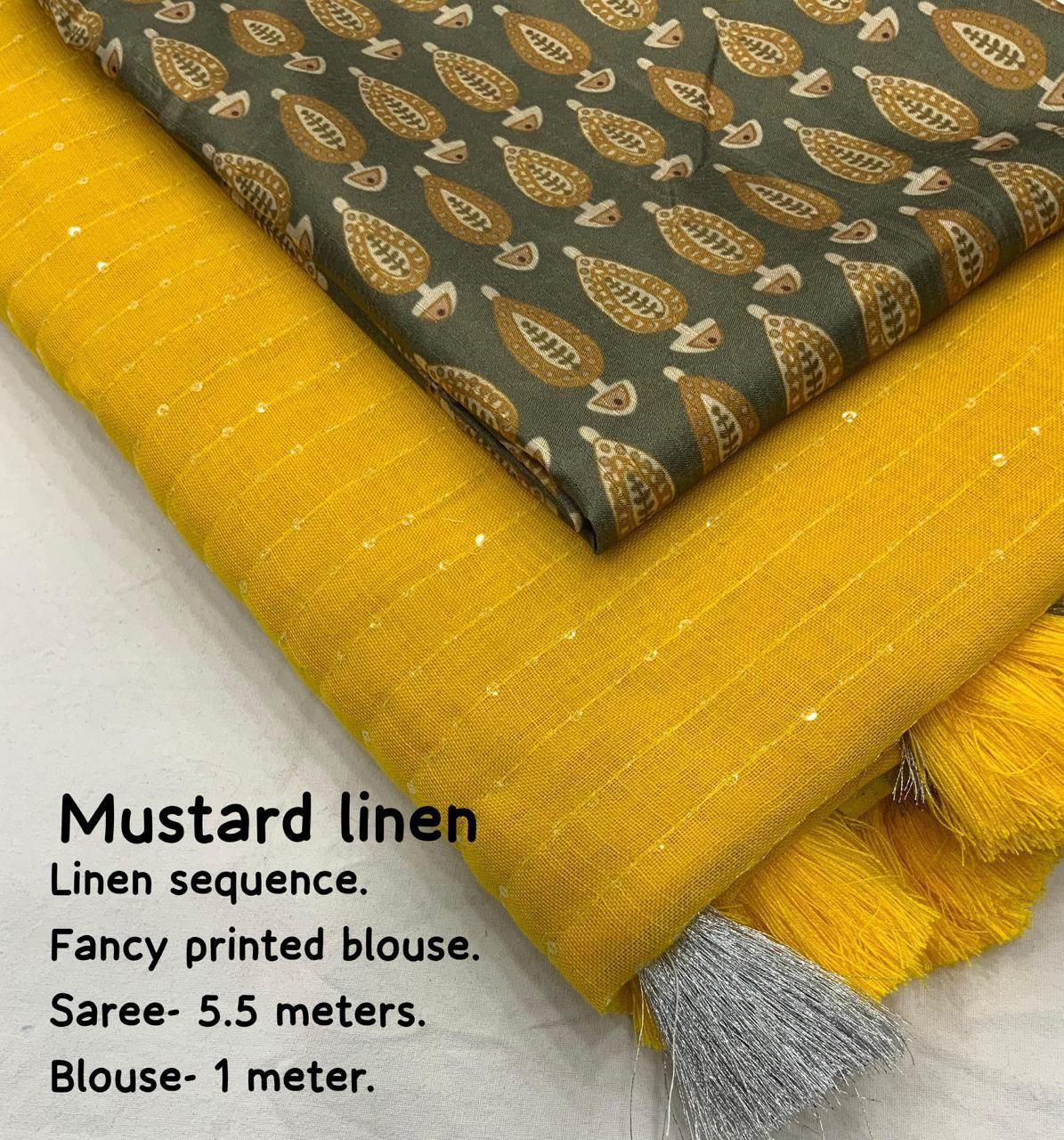 Mustard Linen Sequence Saree with Unstitched Blouse - Hiral Fashion | Swadesiicart