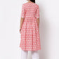 Myshka Women's Pink Printed 3/4 Sleeve Cotton Round Neck Dress