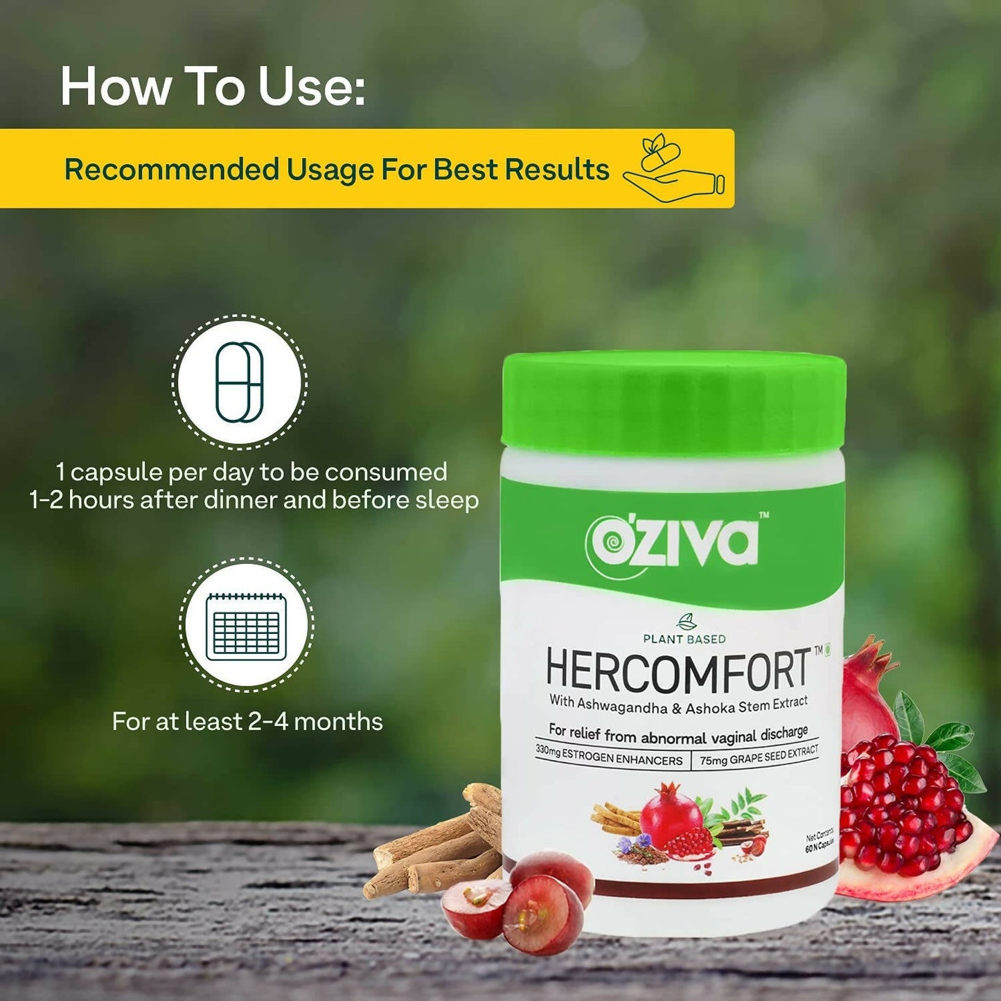 OZiva Plant Based HerComfort with Ashwagandha, Flax Seeds & Ashoka Stem Extracts Capsules - Swadesiicart