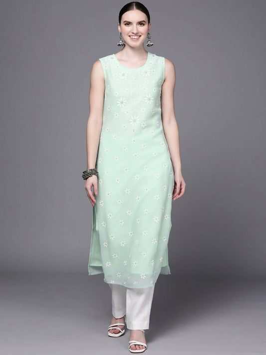 Ahalyaa Women Sea Green Floral Printed Georgette Kurta | Swadesiicart