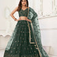 Aastha Fashion Dark Green Butterfly Net Tone To Tone Thread Work And Sandwich Sequence Work Embroidery Wedding Wear Lehenga Choli