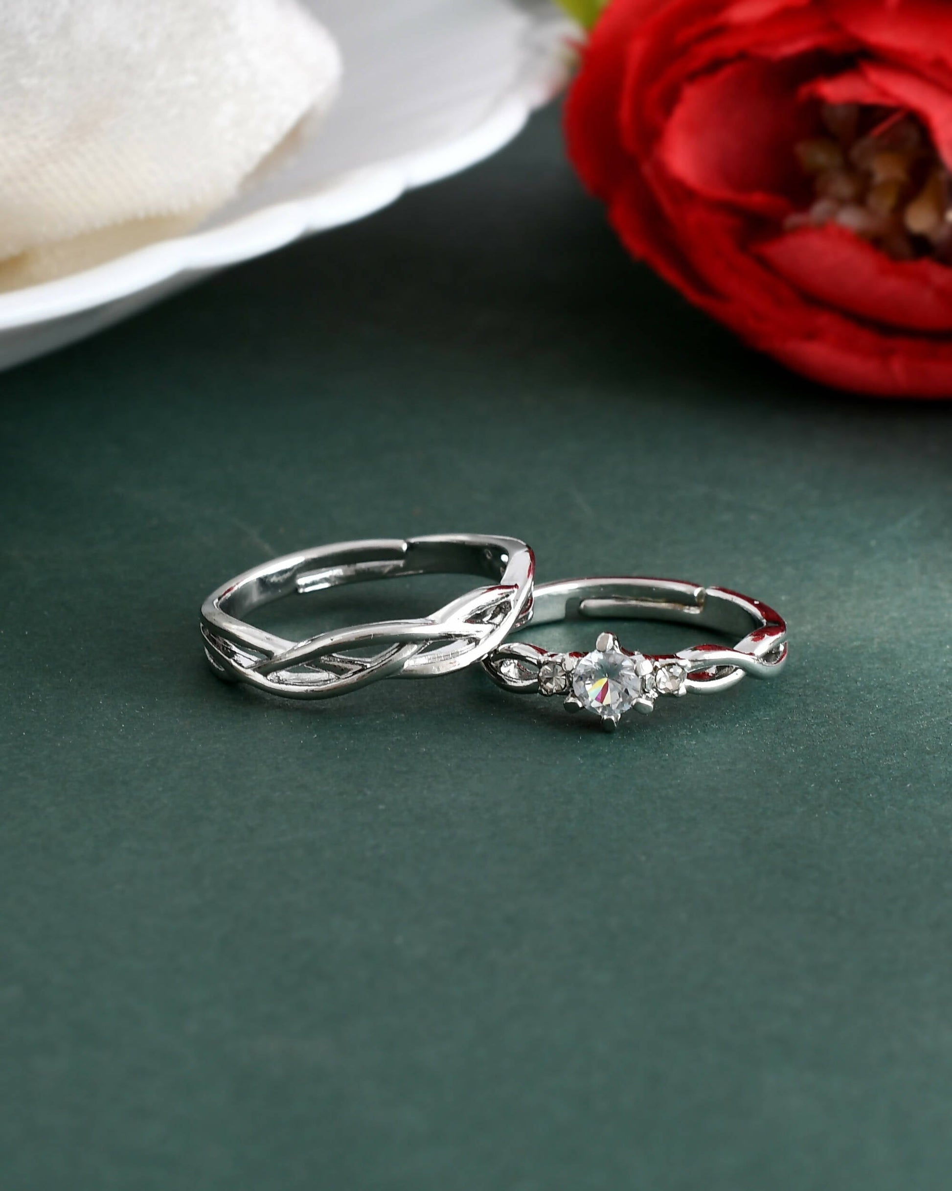 VOJ Stainless Steel Cubic Zirconia Silver Plated Adjustable Ring Set for Couple | Swadesiicart