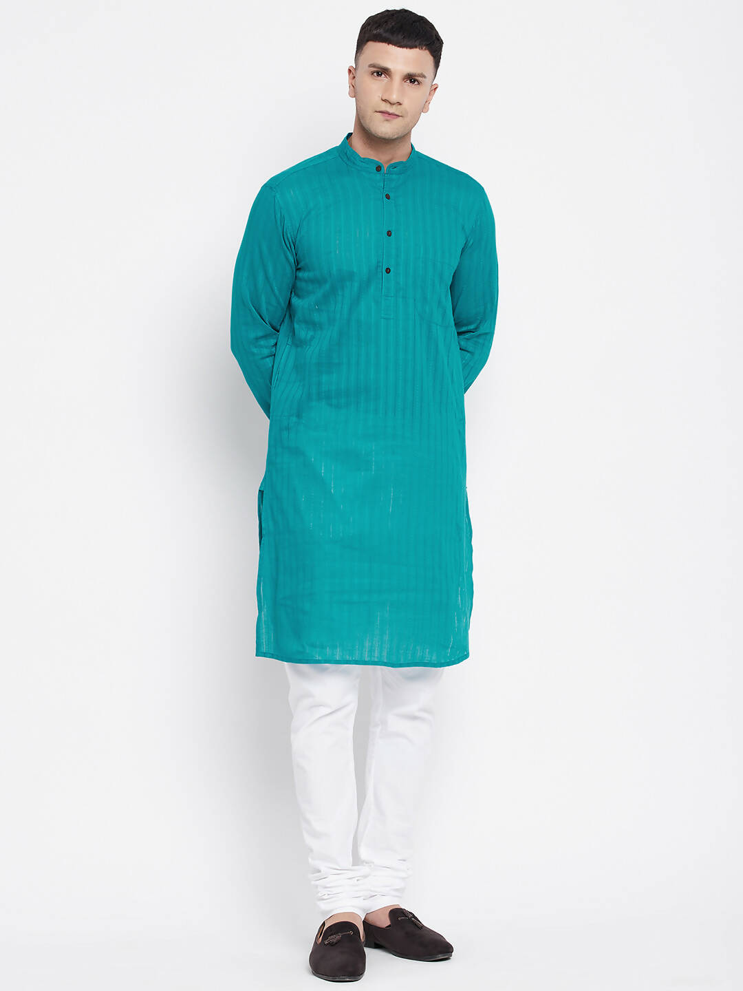 Even Apparels Green Pure Cotton Men's Kurta With Band Collar | Swadesiicart