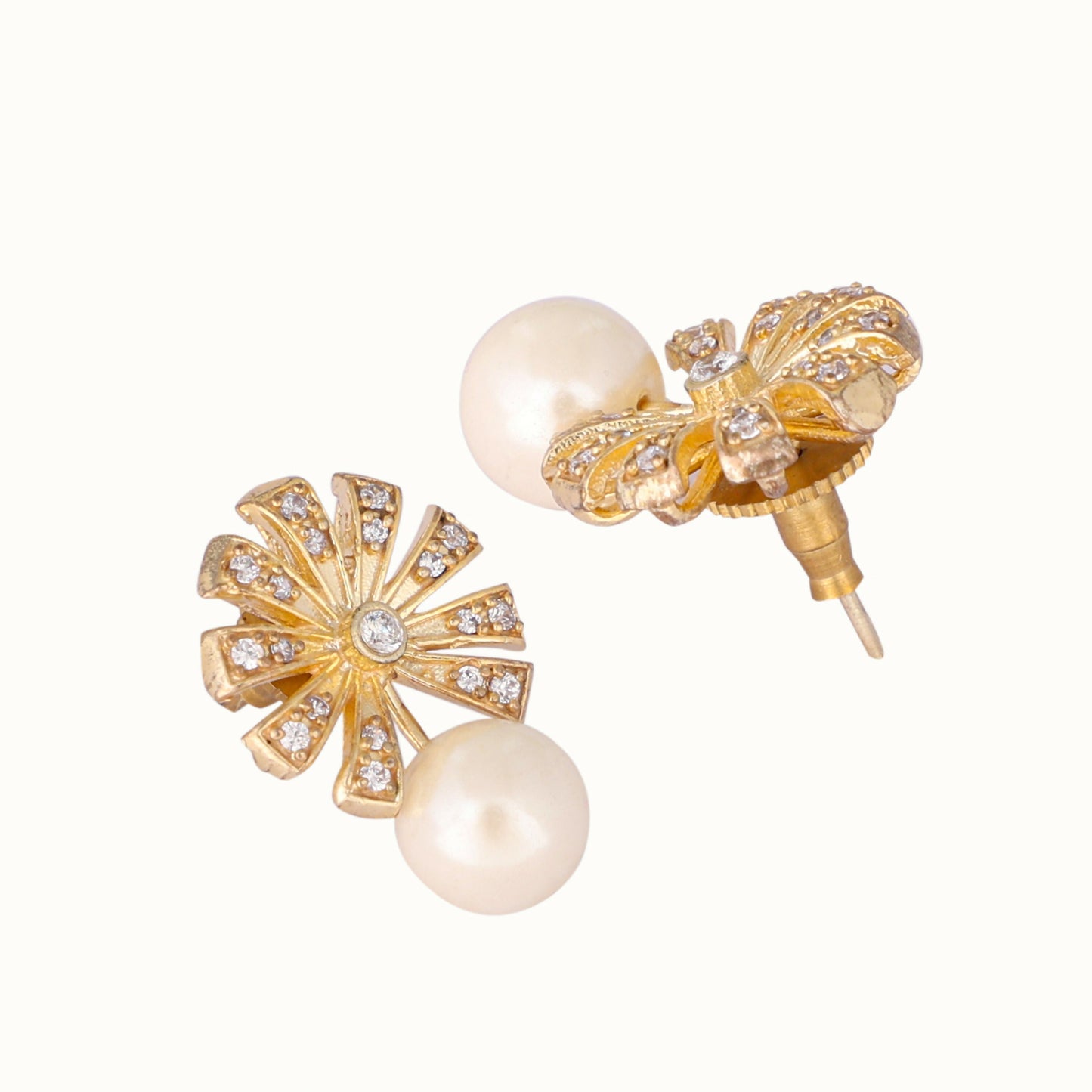 Nuyug 22K Gold-Plated Pearl Drop Zircon Floral Shaped Mini Stud Earrings | Swadesiicart