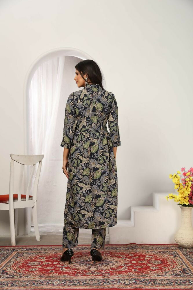 Jyoti Fashion Women's Black Chanderi Silk Floral Print with Side Pocket Kurtis & Sets | Swadesiicart