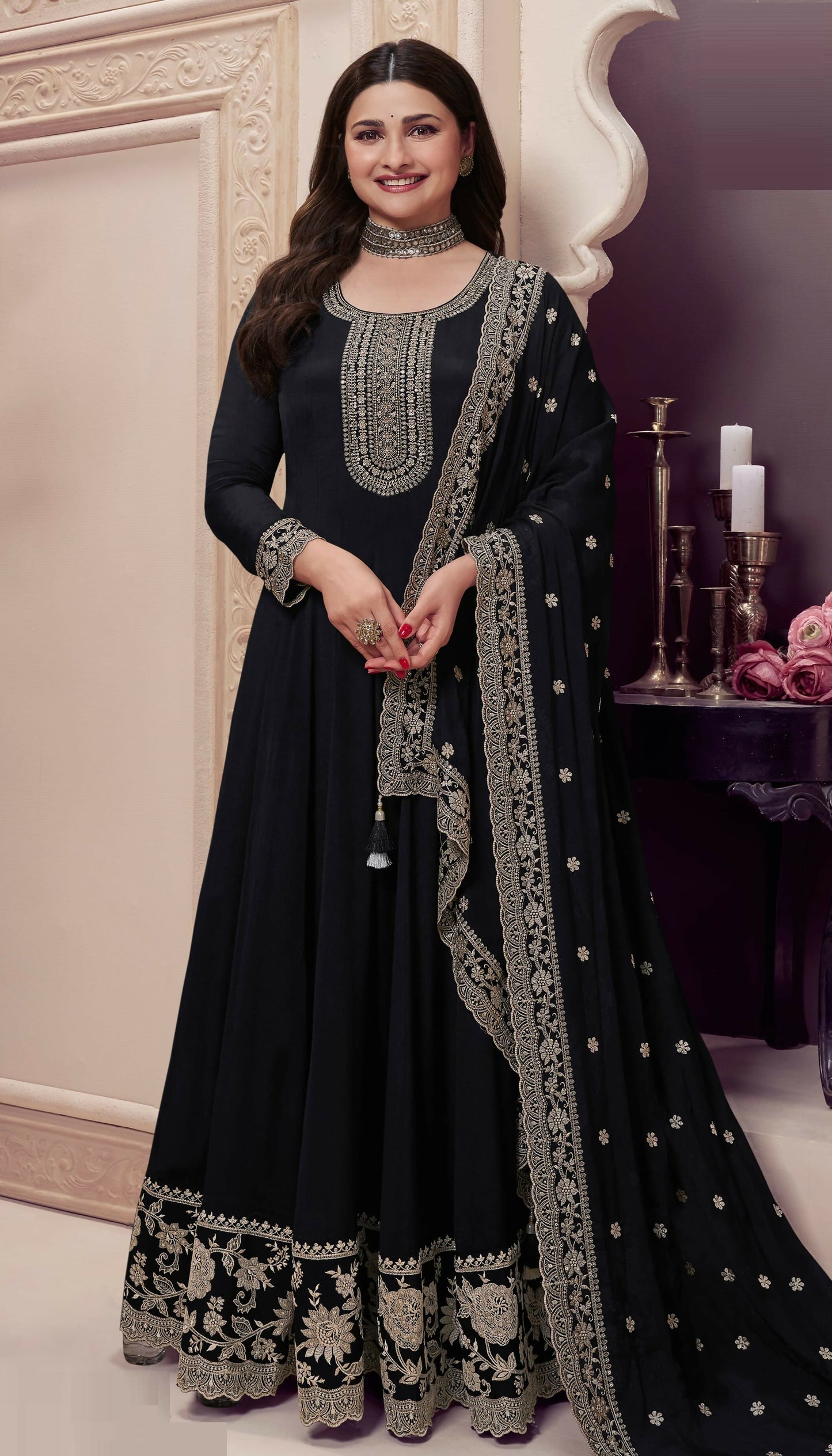 Anaita Black Embroidered Silk Stitched Anarkali Suit