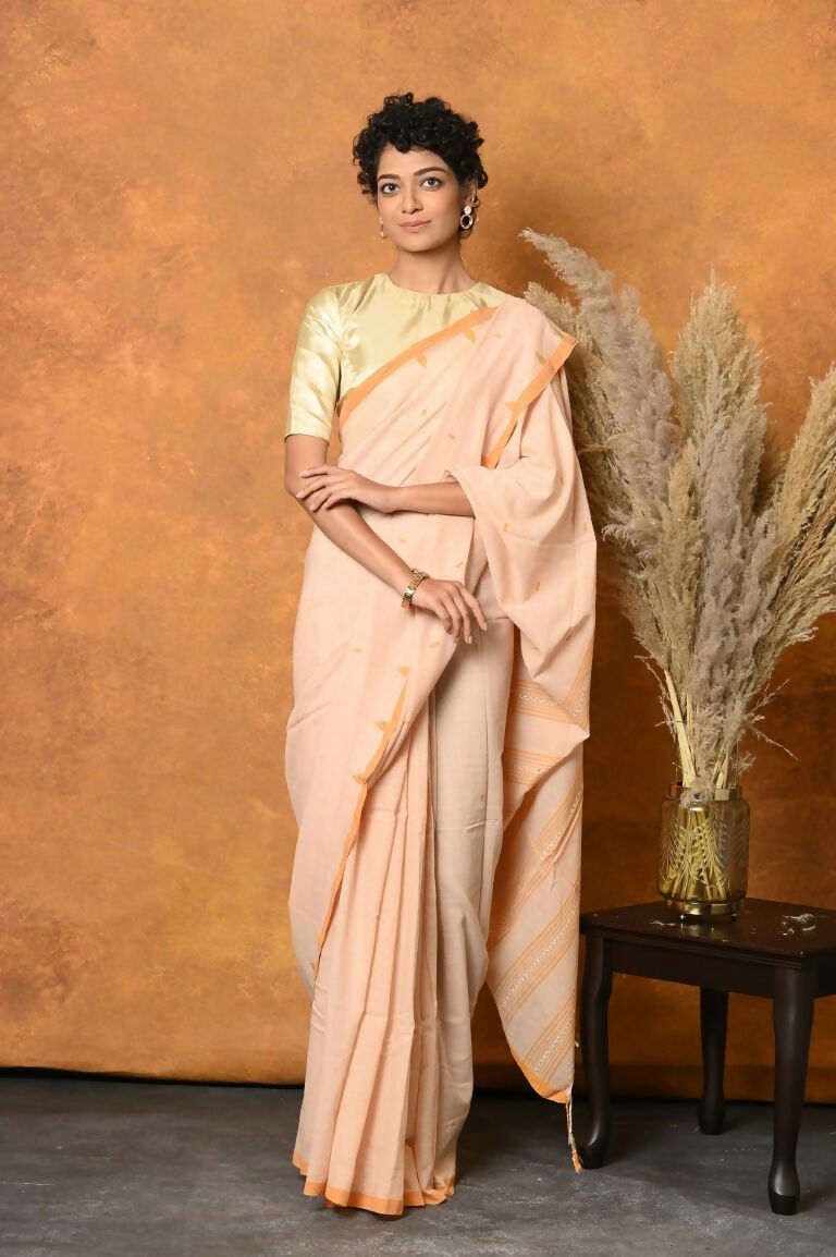 Very Much Indian Handloom Pure Cotton Saree With Sleek Border - Light Peach | Swadesiicart
