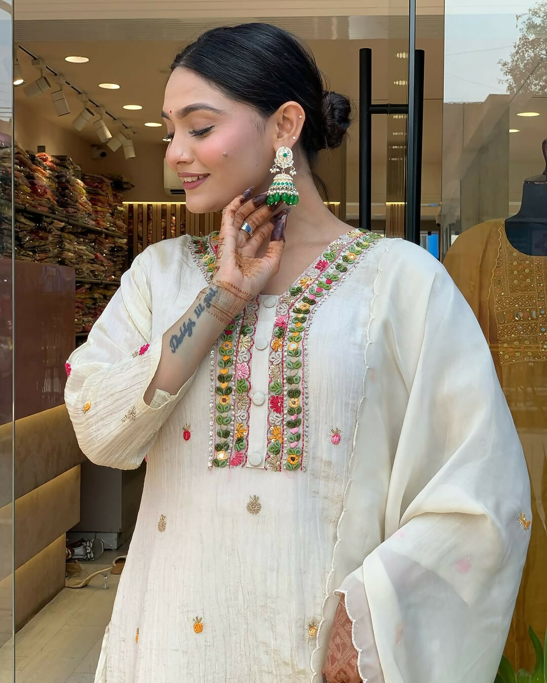 The52 Off White Women's Gorgeous Chinon Fabric Embroidered Work Straight Kurta Pant and Dupatta Set - Swadesiicart