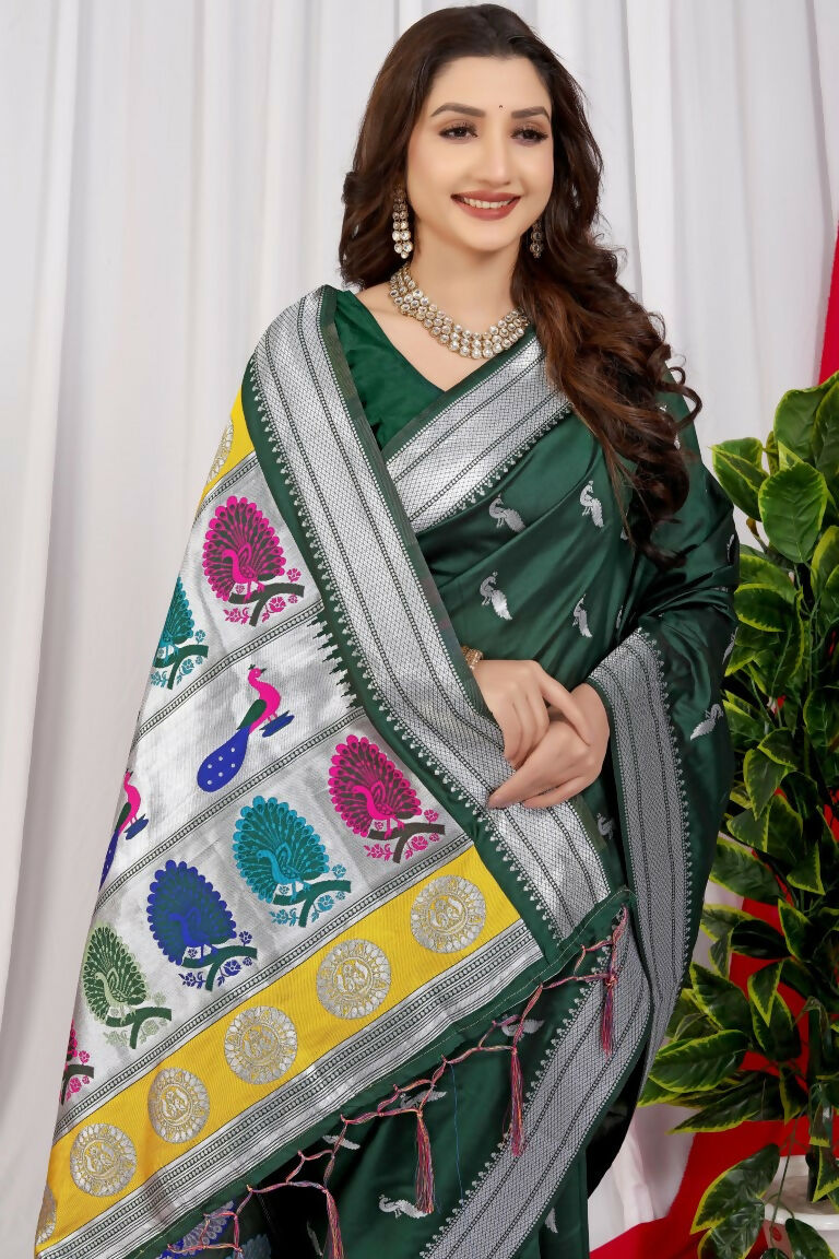 Jyoti Fashion Women's Bottle Green Paithani Silk Zari Woven Saree with Blouse | Swadesiicart
