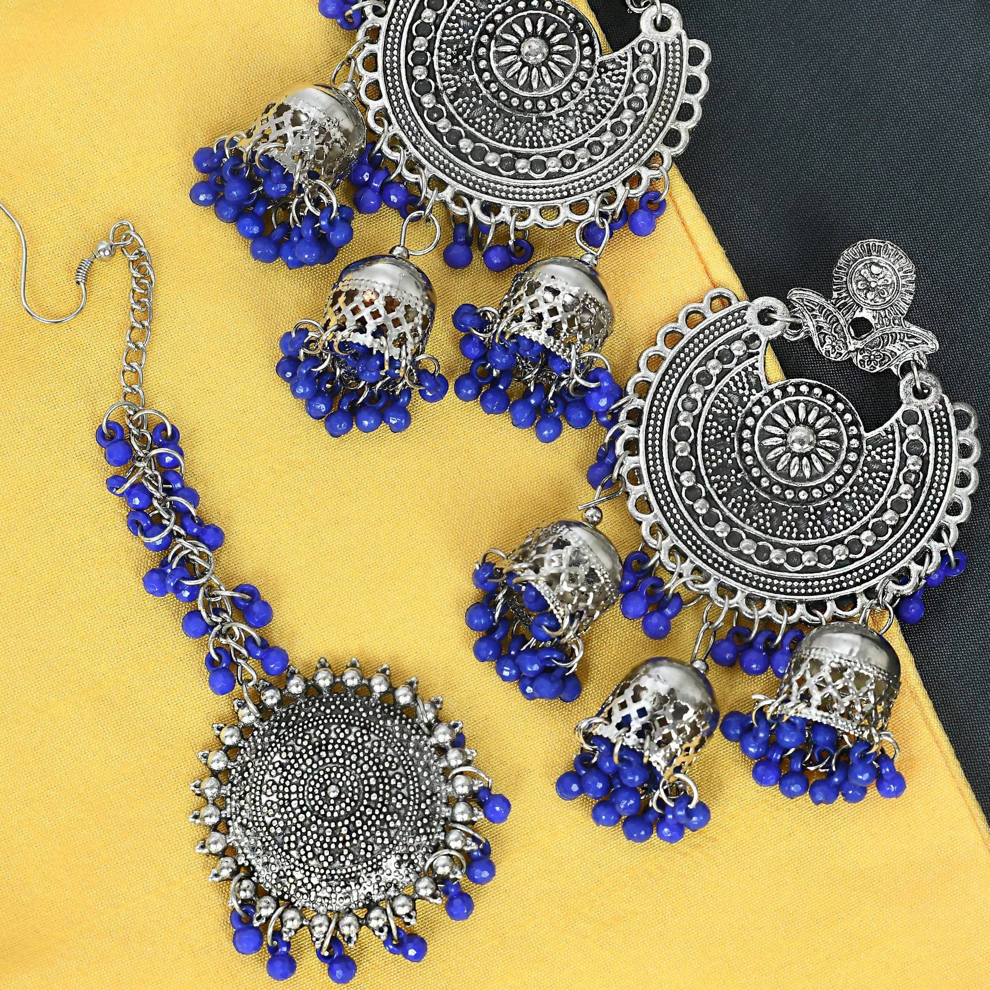 Mominos Fashion Johar Kamal Silver Jhumkas With Maang Tikka Earrings - Mominos Fashion