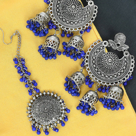 Mominos Fashion Johar Kamal Silver Jhumkas With Maang Tikka Earrings - Mominos Fashion