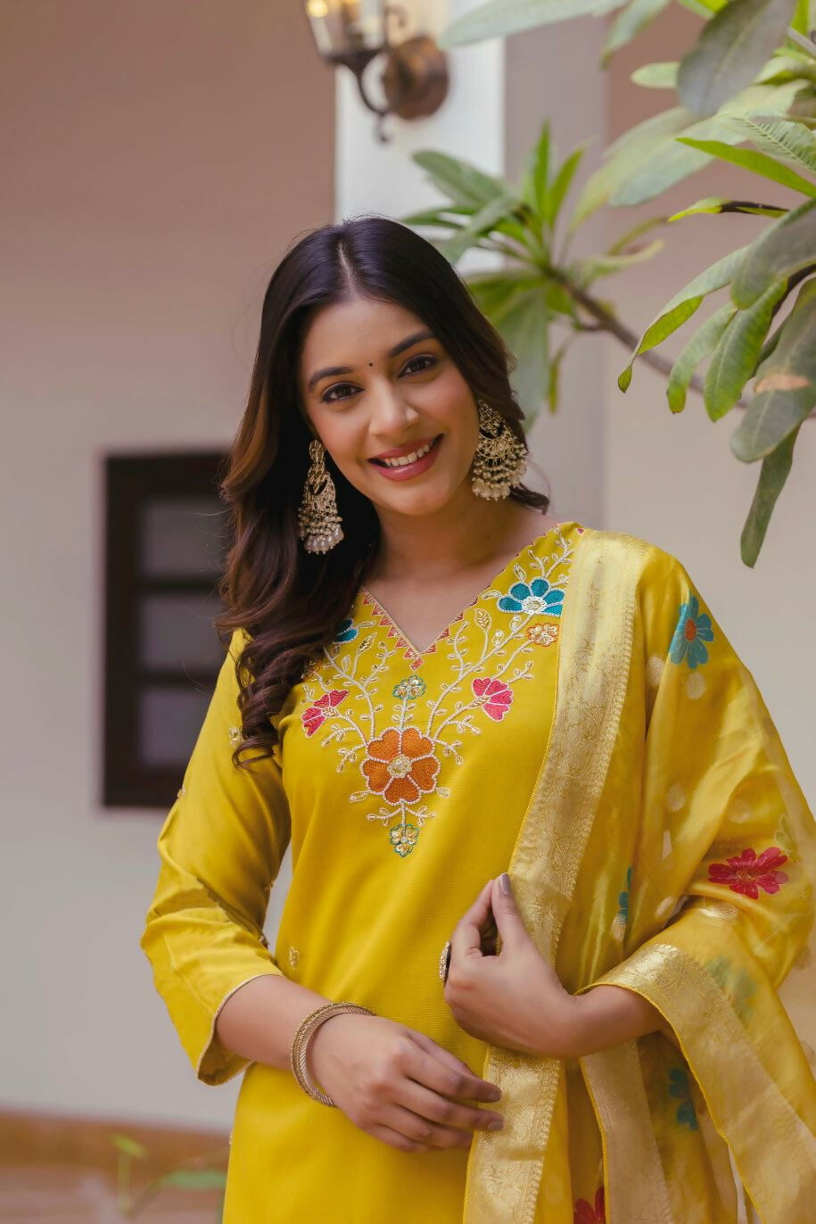 The52 Yellow Women's Gorgeous Embroidered work Viscose Gadhwal Fabric Straight Kurta, Pant and Dupatta Set - Swadesiicart