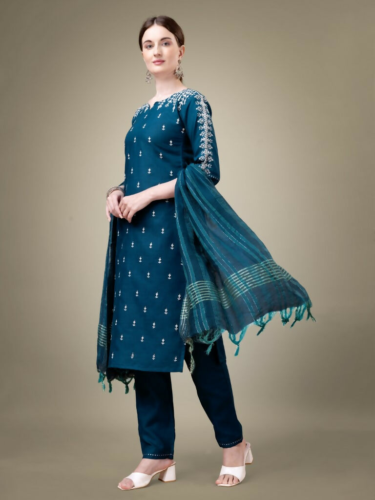 Jyoti Fashion Women's Morpich Cotton Blend Embroidery & Sequence work Kurta with Trouser & Dupatta | Swadesiicart