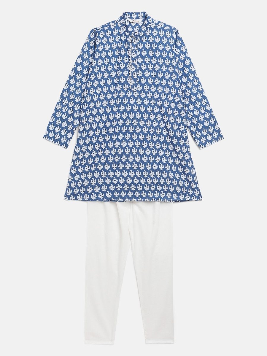 Ahalyaa Boys Blue Pure Cotton Porcian Print Kids Kurta Churidar Set | Swadesiicart