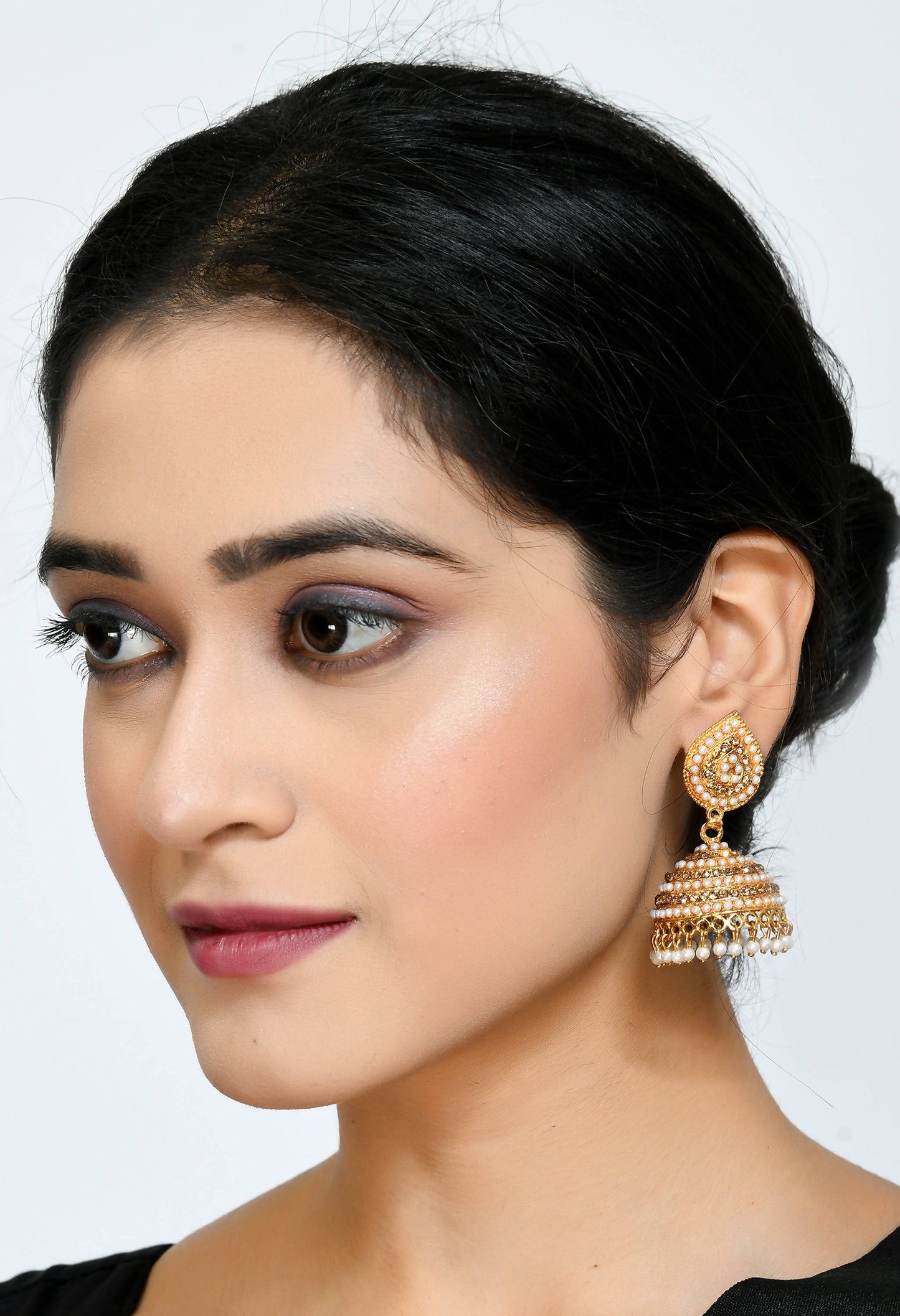 Mominos Fashion Johar Kamal Leaf Design Jhumka With Stone & Pearl - Mominos Fashion