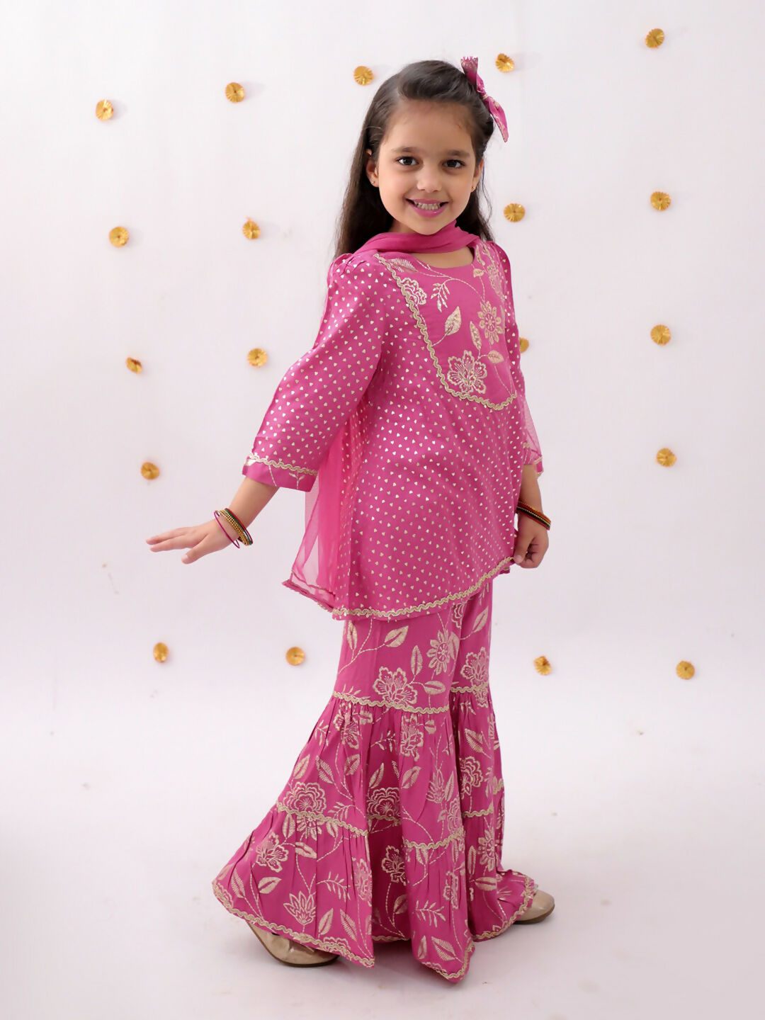 Lil Drama Khilkhilahat Pink Kurta Sharara With Dupatta Set For Girls | Swadesiicart