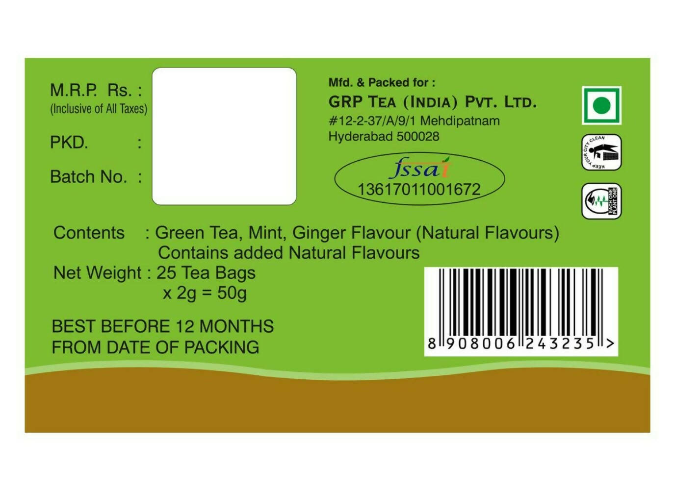 Tanza Tea Slim Green Tea Bags Mint Ginger - Swadesiicart