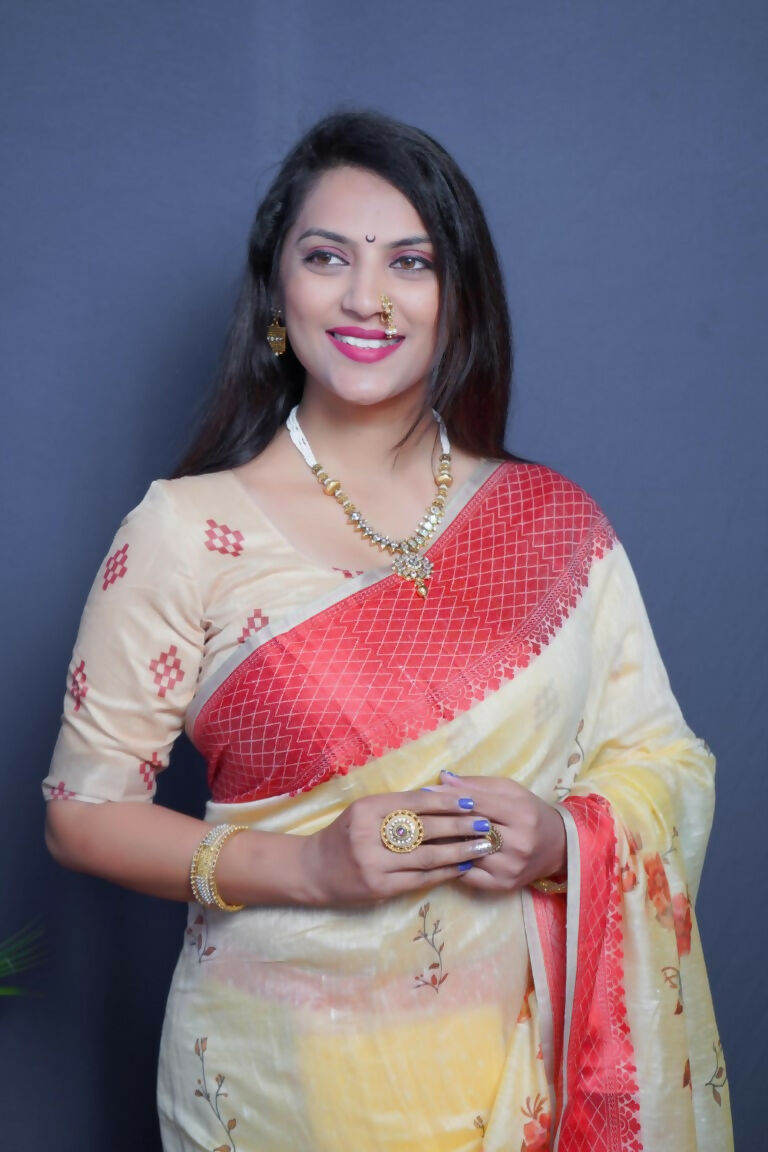 Jyoti Fashion Women's Red Linen Silk Digital Print with Jacquard Woven Border Saree with Blouse | Swadesiicart