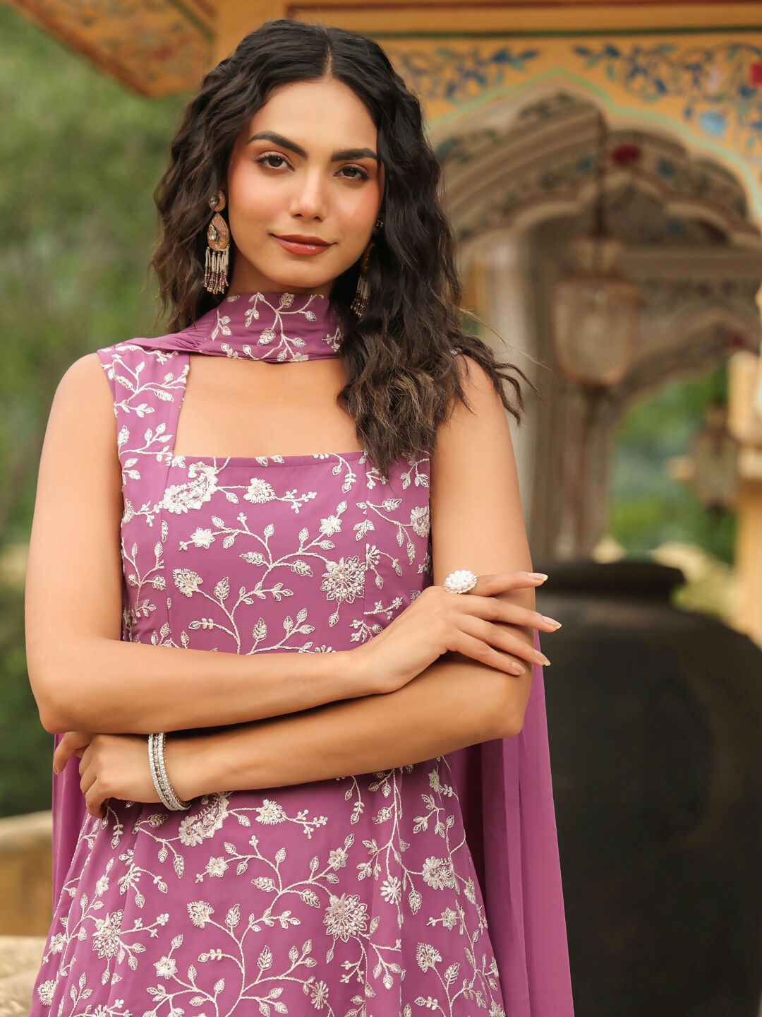 Janasya Lavender Georgette Embroidered Kurta,Bottom & Dupatta | Swadesiicart