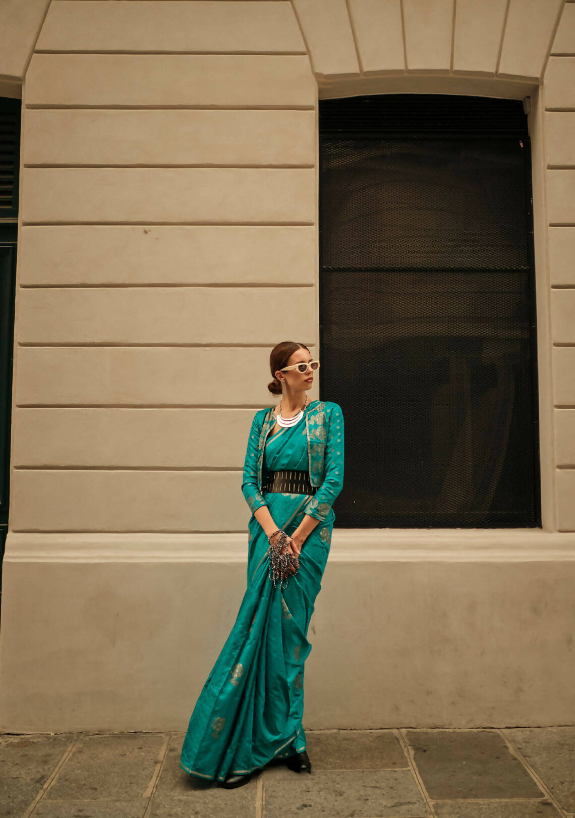 Pacific Blue Weavead Thread & Zari Work, Handloom Weaving Banarasi Satin Silk Saree - Rajtex Kronicle Silk - Swadesiicart